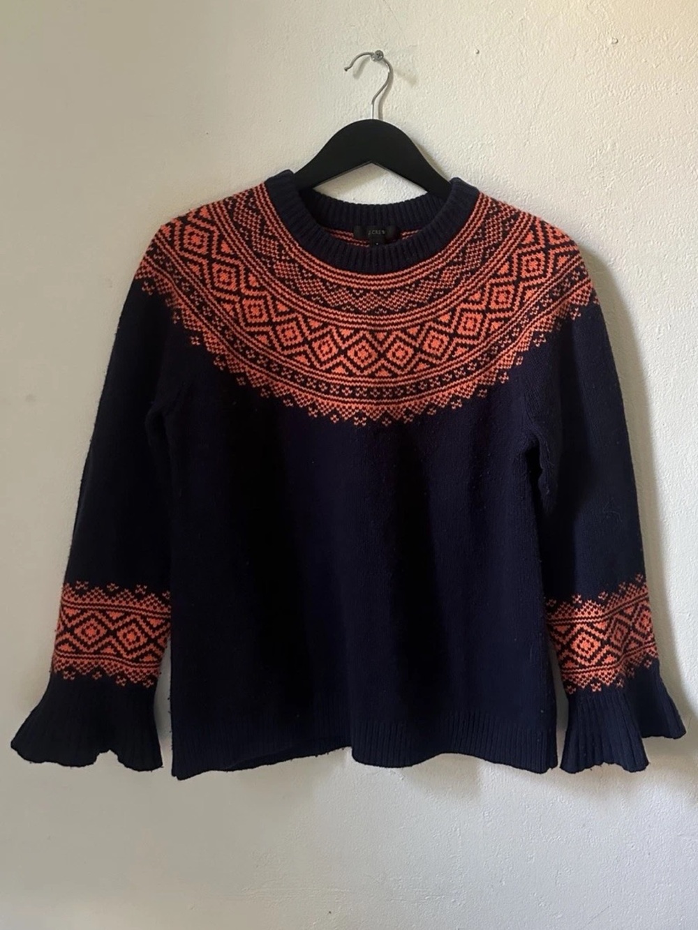 J.Crew Fair Isle Sweater Womens S Navy Orange Merino Wool Nordic Pattern Knit